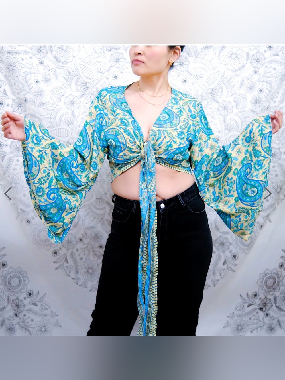 Karma N Crafts paisley silky handmade wrap tie top plus sz NEW bell sleeves